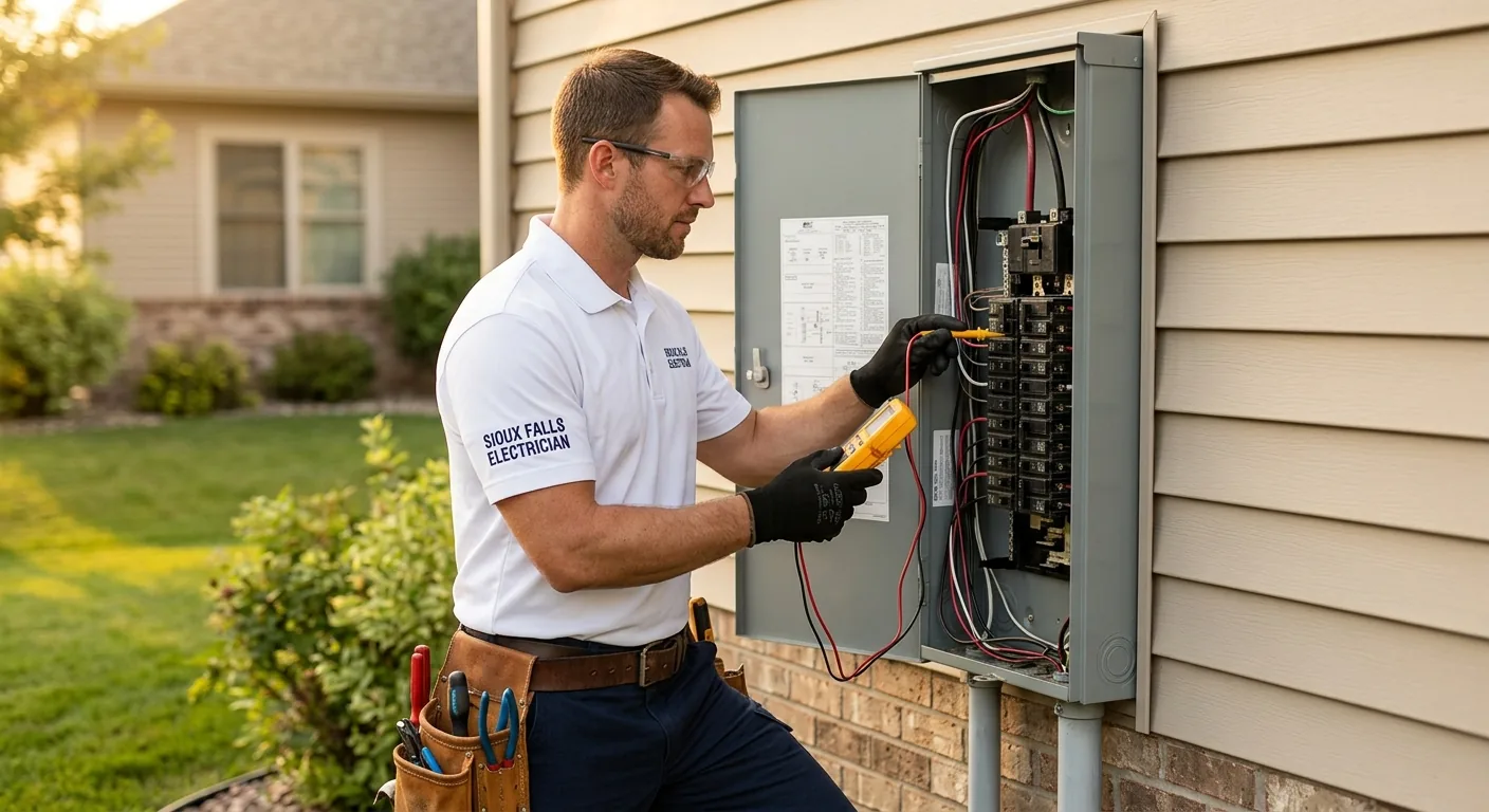 A Sioux Falls electrician in a branded polo testing an electrical panel outside a home